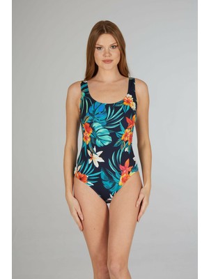 Estiva Kadın Tropikal Desenli Turkuaz U Yaka Emprime Tek Parça Mayo