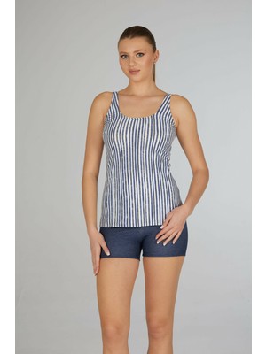 Estiva Kadın Çizgili Mavi Emprime Şortlu Tankini