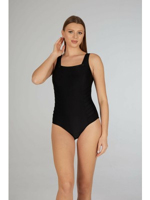 Estiva Kadın Siyah Kare Yaka Dikişli Tek Parça Mayo