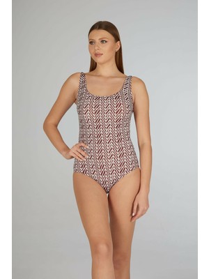 Estiva Kadın Çizgi Desenli Kahverengi U Yaka Emprime Battal Beden Tek Parça Mayo