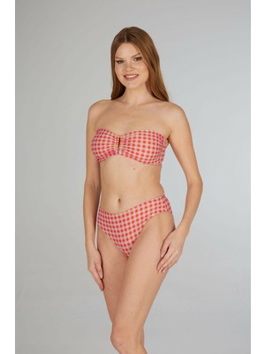 Estiva Kadın Kareli Kırmızı Tokalı Straplez Bikini Takımı