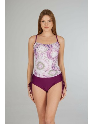 Estiva Kadın Batik Desenli Mürdüm Emprime Şortlu Ince Askılı Tankini