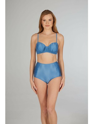 Estiva Kadın Açık Mavi Drapeli Kaplı Straplez Bikini Takımı
