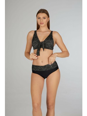 Estiva Kadın Çizgi Desenli Siyah Fular Detaylı Balenli Toparlayıcı Bikini Takımı