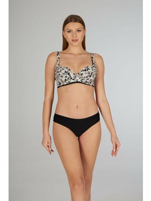 Estiva Kadın Çiçek Desenli Siyah Emprime Kaplı Battal Beden Bikini Takımı