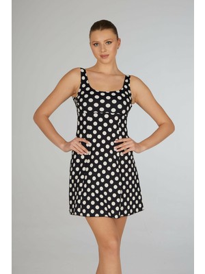 Estiva Kadın Puantiyeli Siyah Emprime Tek Parça Elbise Mayo