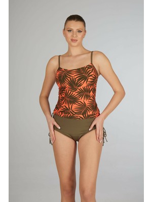 Estiva Kadın Tropikal Yaprak Desenli Haki Emprime Şortlu Ince Askılı Tankini