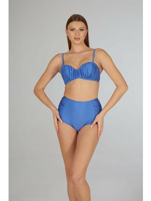 Estiva Kadın Koyu Mavi Drapeli Kaplı Straplez Bikini Takımı