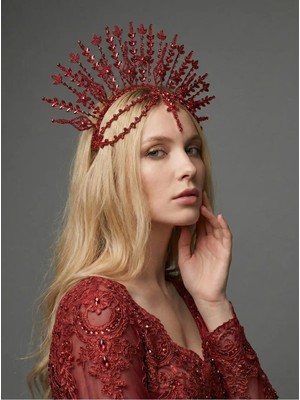 Magic Tiara El Yapımı Işıltılı Gelin Tacı – Yaprak Desenli Geniş Form