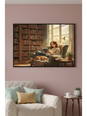 Safir Design Kitap Köşesi Için Tablo Kitap Okuyan Kadın ve Kedi Figürlü Çerçeveli Tablo