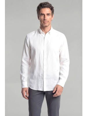 Bisse Regular Fit Paşa Yaka Cepsiz Sedef Düğmeli Beyaz Erkek Gömlek GMKTN250011_D01