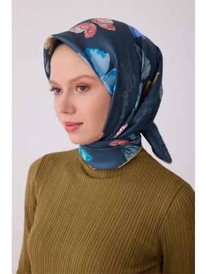 Belli Lacivert Obje Desen %100 Twill Ipek Eşarp 4329-50