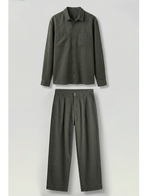 Abluka Online Erkek Bol Kesim Gömlek Pantolon Keten Ikili Takım Haki