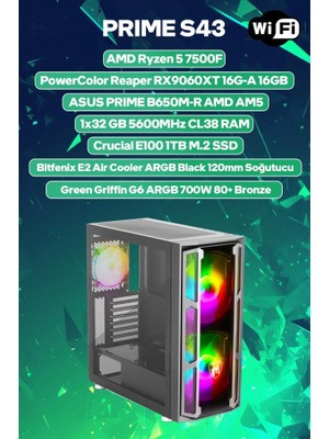 Game Garaj Prime S43 Amd Ryzen 5 7500F 32GB Ram 1tb SSD RX9060XT 16GB Freedos Oyuncu Oem Paket