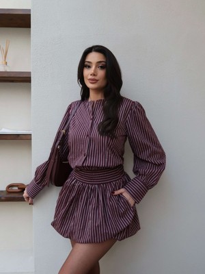 Esra Helvacı Çizgili Gömlek Etek Takım