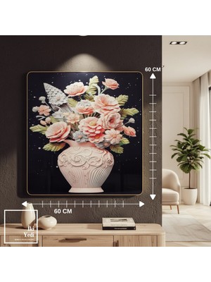 İki Yedi Konsept Johlip Işıltılı Taşlı Modern Çiçek Vazolu Metal Kabartmalı Tablo 60X60 cm Salon Ofis Duvar Dekoru