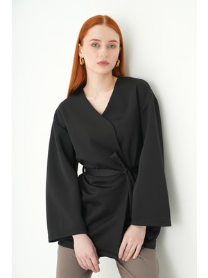 Rays Siyah Kuşaklı Geniş Kol Kimono 3068A