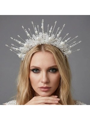 Magic Tiara El Yapımı Inci Detaylı Güneş Formlu Gelin Tacı