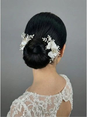 Magic Tiara Ikili Inci Çiçekli Gelin Saç Tokası – Zarif ve Işıltılı Topuz Aksesuarı