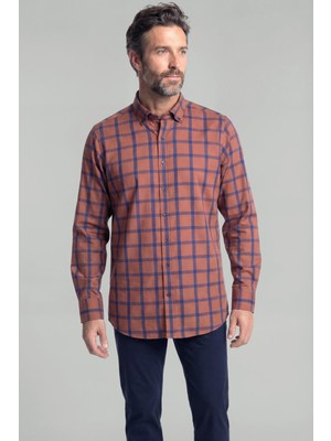Bisse Regular Fit Paşa Yaka Ekose Pamuk Kiremit Erkek Gömlek GMEKS0122300218_D26