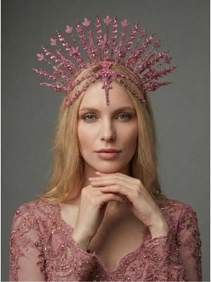 Magic Tiara El Yapımı Işıltılı Gelin Tacı – Yaprak Desenli Geniş Form