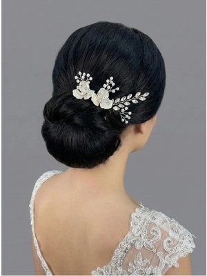Magic Tiara Inci ve Çiçek Detaylı Gelin Saç Tokası – Şık Topuz Aksesuarı