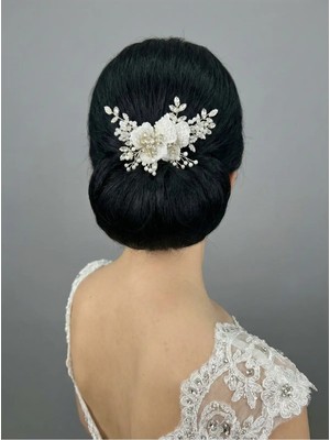 Magic Tiara Inci ve Kristal Çiçekli Gelin Saç Tokası – Topuz Için Zarif Aksesuar