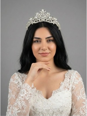 Magic Tiara Kristal Taşlı Yaprak Desenli Gelin Tacı - Işıltılı Düğün Saç Aksesuarı