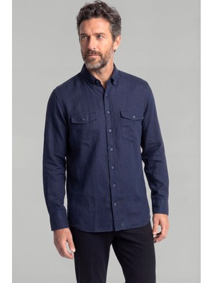 Bisse Erkek Uzun Kollu Spor Yaka  Keten Lacivert Gömlek GMKTN250014_D39