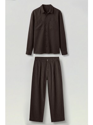 Abluka Online Erkek Bol Kesim Gömlek Pantolon Keten Ikili Takım Kahverengi