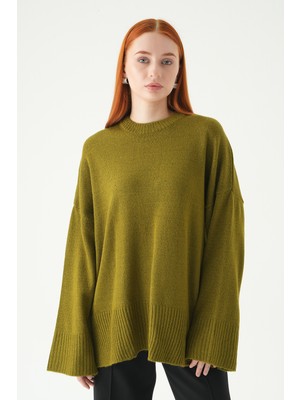 Rays Yağ Yeşili Bisiklet Yaka Oversize Kazak 2450