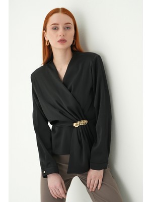 Rays Siyah Kruvaze Yaka Taş Toka Detaylı Uzun Kollu Kadın Bluz 251279