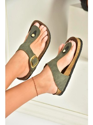 Fox Shoes U777917002 Yeşil Süet Parmak Arası Kadın Terlik