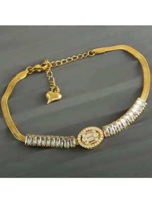 SiHako Oval Baget Taşlı Lüks Çelik Bileklik