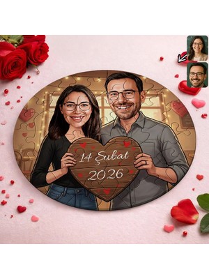 Bk Gift Kişiye Özel Sevgili Karikatürlü Yuvarlak Puzzle 20X20CM -3, Sevgililer Günü Hediyesi, Sevgiliye Hediye