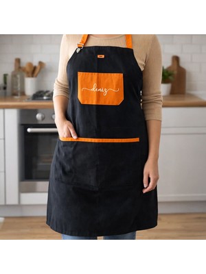 Bk Gift Kişiye Özel Isimli Turuncu Cepli Siyah Mutfak Önlüğü -8, Aşçı ve Şef Önlüğü, Ev Hediyesi