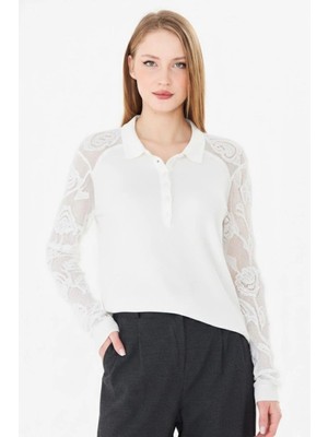 Irmak Kerekli Kadın Yumuşak Dokulu Gül Desenli Dantel Örgü Polo Yaka Triko Bluz 953 Ekru