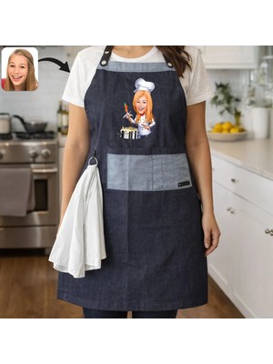 Bk Gift Kişiye Özel Karikatürlü Pamuk Denim Havlu Detaylı Mutfak Önlüğü -4, Aşçı ve Şef Önlüğü, Ev Hediyesi
