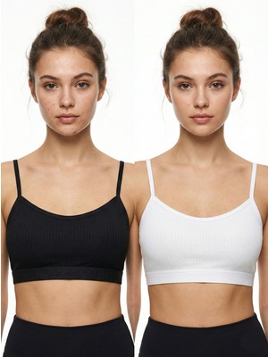 Underwear Bodyway 2'li Paket Esnek Fitilli Ribana Crop Atlet - Pamuklu Dokulu Büstiyer Set - Uyku Sütyeni