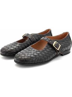 Ne&Ve Shoes Hakiki Deri Örgü Detaylı Tokalı Kaddın Yuvarlak Burun Babet