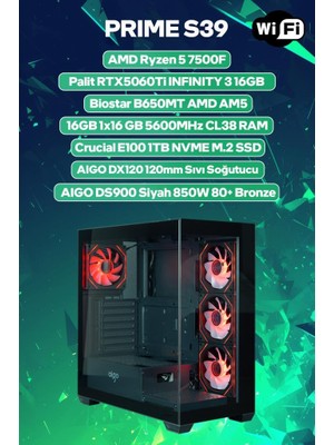 Game Garaj Prime S39 Amd Ryzen 5 7500F 16GB Ram 1tb SSD RTX5060TI 16GB 120MM Sıvı Soğt Freedos Oyuncu Oem Paket
