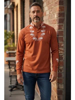 Doppa Uygur Motifli Hakim Yaka Uzun Kollu Kanaviçe İşlemeli Unisex Tişört – Badem Desenli Etnik Tasarım (Kiremit)