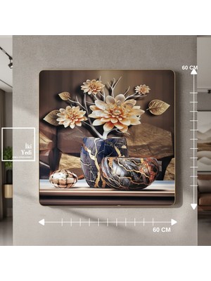 İki Yedi Konsept Eisen Işıltılı Taşlı Çiçek ve Vazo Duvar Tablosu 60X60 cm Modern Salon ve Ev Duvar Dekoru Hediyelik