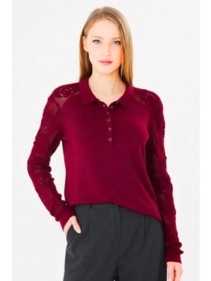 Irmak Kerekli Kadın Yumuşak Dokulu Gül Desenli Dantel Örgü Polo Yaka Triko Bluz 953 Bordo