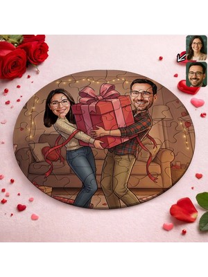 Bk Gift Kişiye Özel Sevgili Karikatürlü Yuvarlak Puzzle 20X20CM -17, Sevgililer Günü Hediyesi, Sevgiliye Hediye
