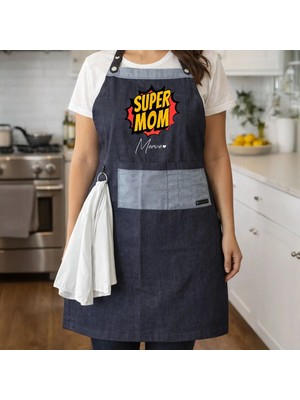 Bk Gift Kişiye Özel Anneler Günü Tasarımlı Pamuk Denim Havlu Detaylı Mutfak Önlüğü -3, Aşçı ve Şef Önlüğü, Ev Hediyesi