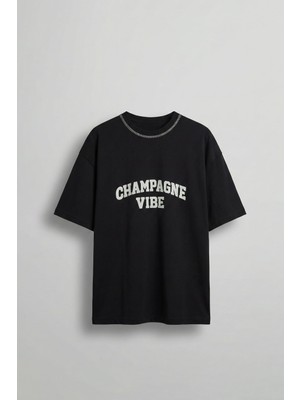 Abluka Online Erkek Oversize Premium Kontrast Yaka Baskılı T-Shirt Siyah