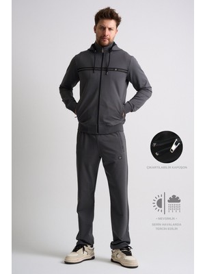 Füme Klasik Erkek Eşofman Takımı Çıkartılabilir Kapüşonlu Rahat Kalıp L