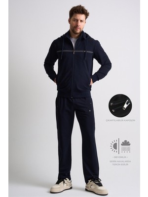 Lacivert Klasik Erkek Eşofman Takımı Çıkartılabilir Kapüşonlu Rahat Kalıp 3xl