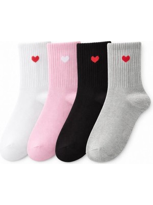 Solde 4 Çift Kız Çocuk Pamuklu Günlük Çorap – Kalpli Desen, Renkli Kombin, Kaliteli